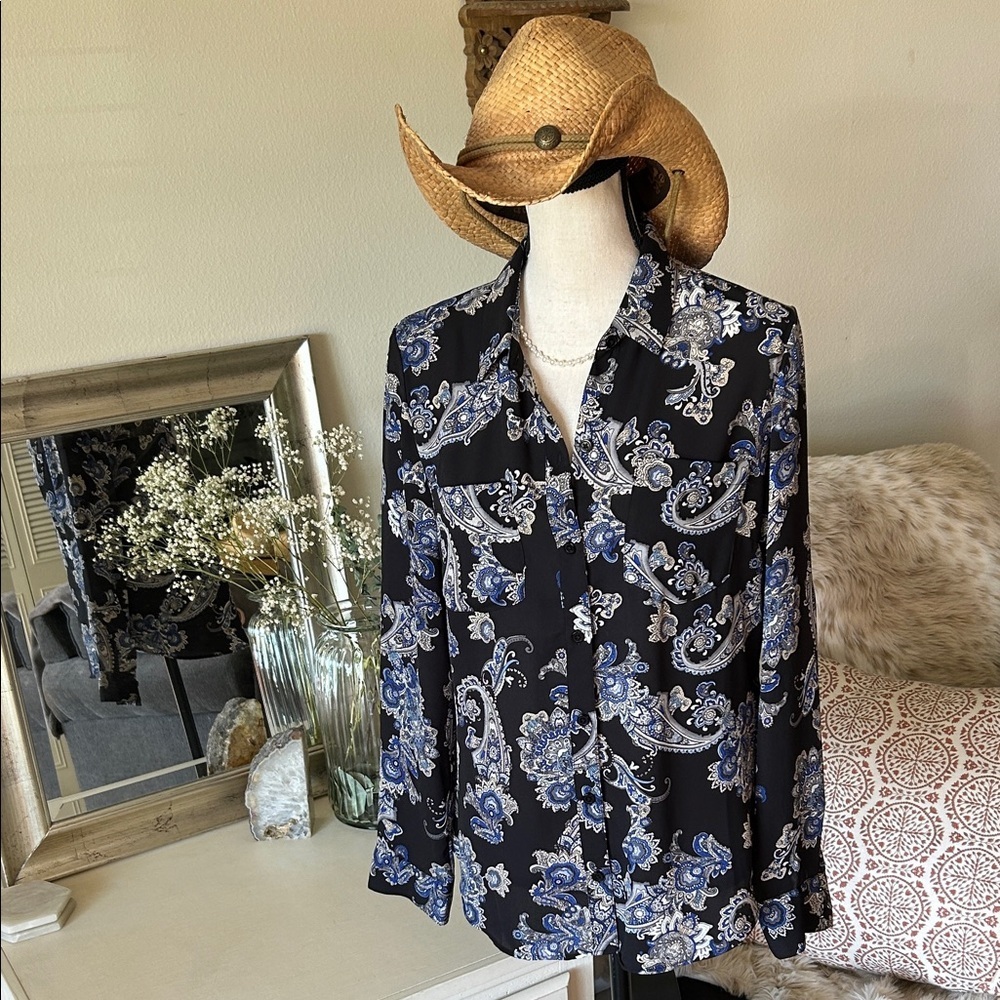 WHBM black blue paisley 70’s Boho western semi sheer button down shirt 8 M​​